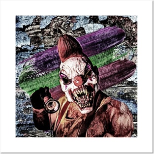 Evil clown holds a horn in his hand Posters and Art